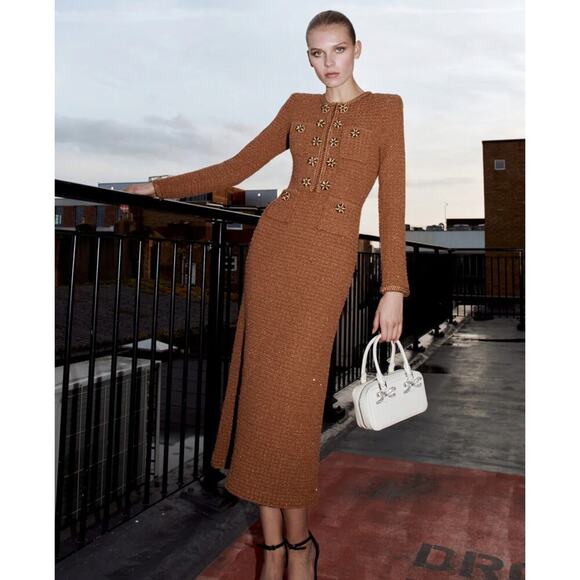 self portrait brown textured knit midi dress Self-Portrait | Dresses | Medium adorn the center of women's party dress Knit lace Women Party Clothes Floral Size:14-LONG